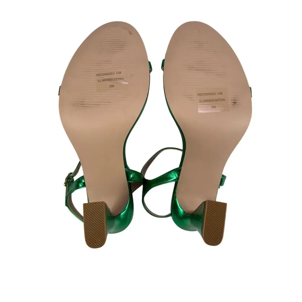 Madden Girl Disco Sandals Womens 8.5 Green Metallic Strappy Block Flare Heels